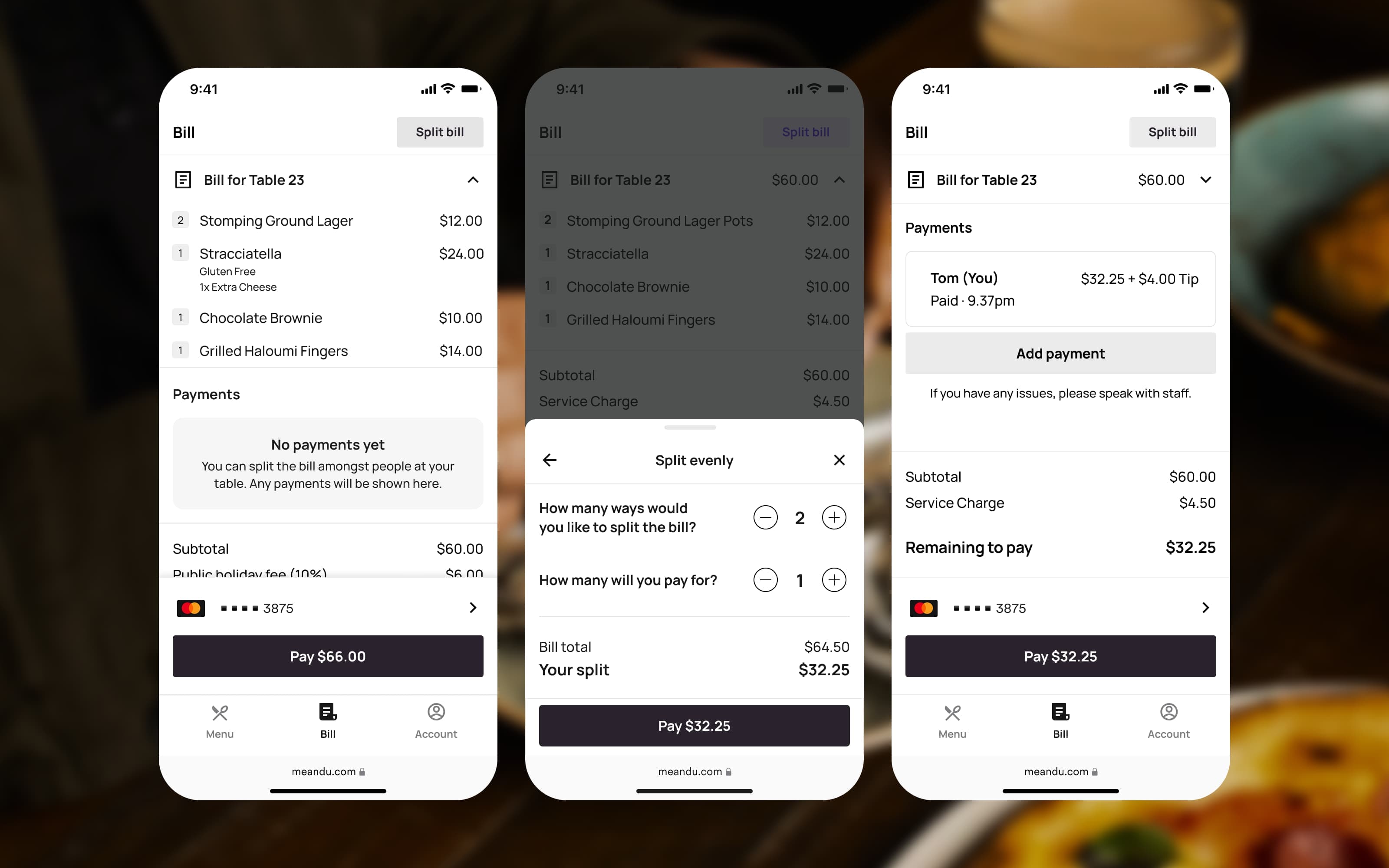 Three phone screens showing the me&u order, payment and split bill flows