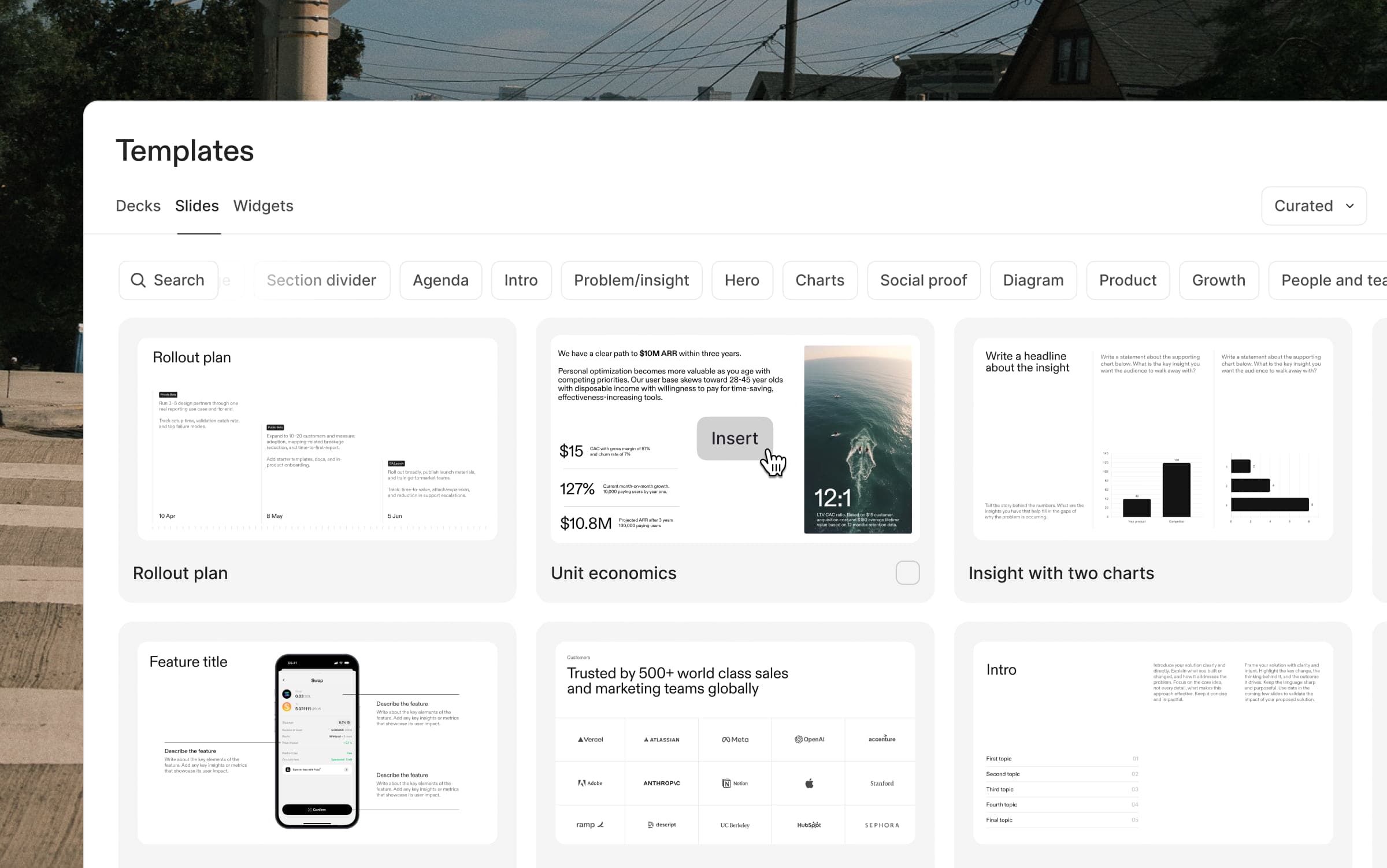 Template menu with a selection of slide layouts